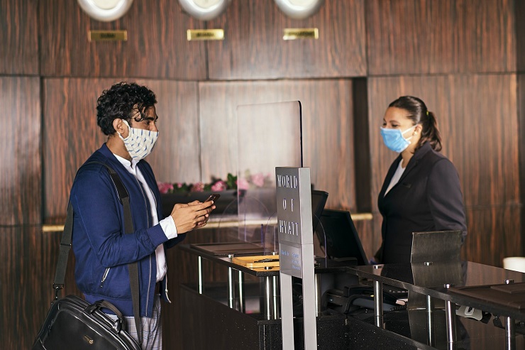 During the check in process, all staff and guests are required to use masks, hand gloves and sanitisers. ©Hyatt