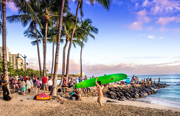 Waikiki Beach is beachfront neighborhood of Honolulu, best known for white sand and surfing. ©Jeff Whyte/Shutterstock